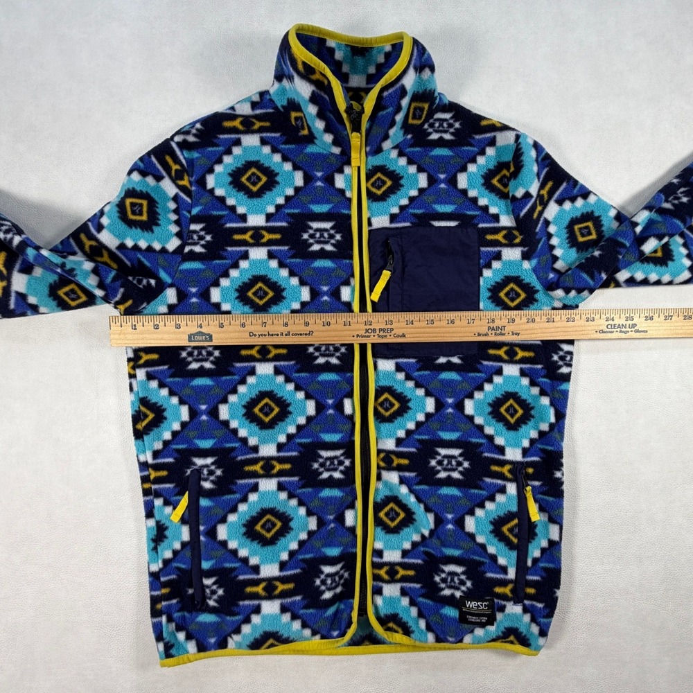 WESC Mens Medium Geometric Fleece Jacket Blue Yellow Aztec Southwestern Zip Up - Picture 7 of 16